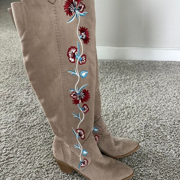 Carlos by Carlos Santana Suede Knee-High Boots Women’s 7.5 Brown Floral - Picture 3 of 8